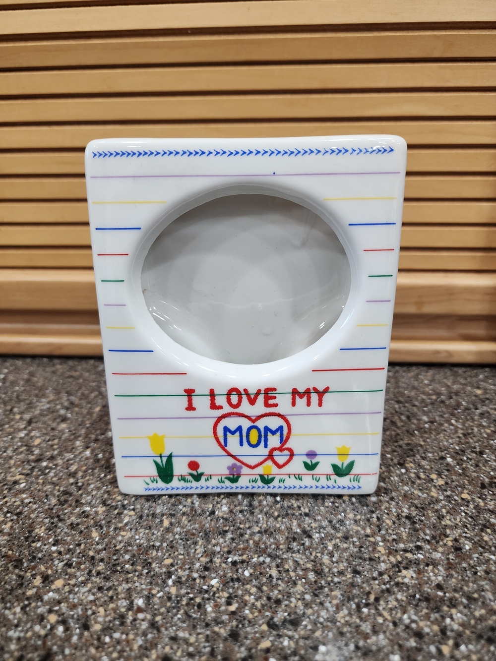 'I Love My Mom' Ceramic Photo Frame - White with Colorful Stripes